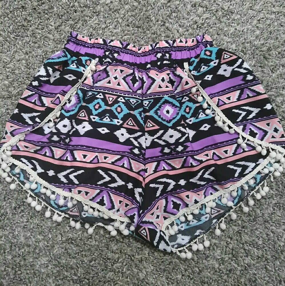 Tribal Shorts with Beige Pom Poms Size Small